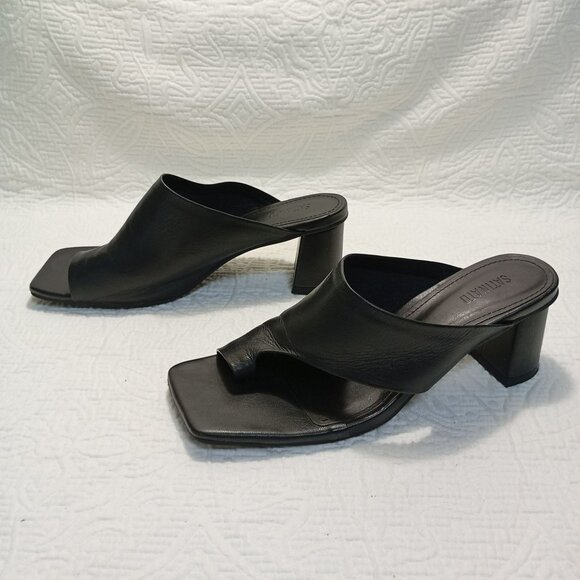 Satinato Sandals Open Black Leather Heeled Toe Slip-On Womens Size 35 EUR 36 - Picture 6 of 9